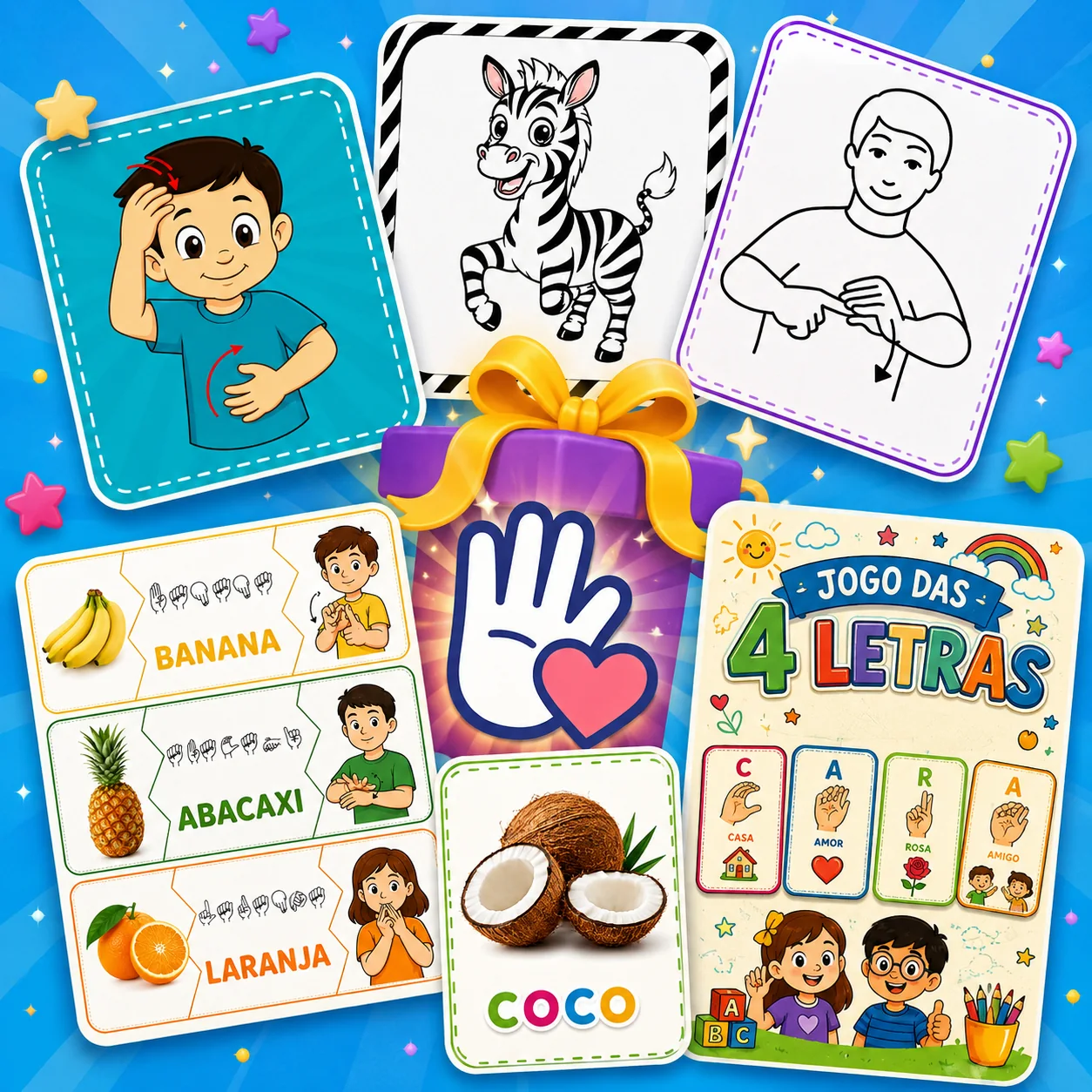Combo de jogos inclusivos em Libras com cartas, sinais e atividades educativas